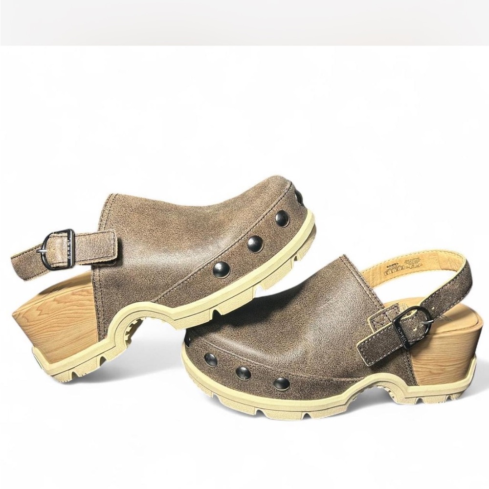 Sorel Brown Leather Slingback Clogs with Stud Accents